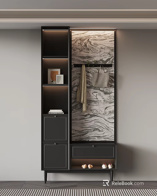 Modern Entryway Cabinet And Side Cabinet Design With Marble Backdrop Open Shelves And Hanging Rack 3d model 