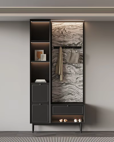 Modern Entryway Cabinet And Side Cabinet Design With Marble Backdrop Open Shelves And Hanging Rack 3d model