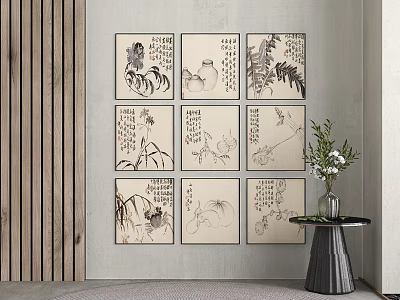 Chinese Ink Paintings Wall Decor In Modern Interior With Vase On Side Table 3d model