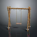 Group of People Enjoying Wooden Swing Set with Colorful String Lights on Reflective Ground