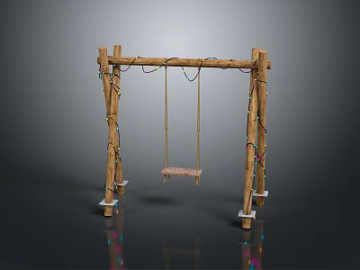 Group of People Enjoying Wooden Swing Set with Colorful String Lights on Reflective Ground 3d model