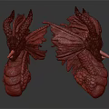 Artistic Two Red Orange Dragon Head Sculptures With Detailed Horns And Wings