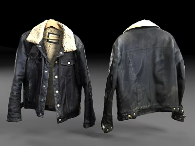 Distressed Shearling Collar Jacket Front And Back View With Vintage Look 3d model
