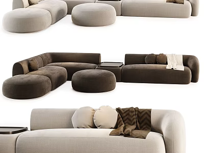 Modern Beige And Dark Brown Sofa Set With Round Ottomans Pillows And Throw Blanket 3d model