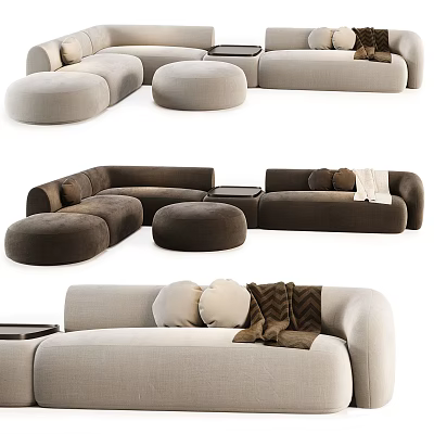 Modern Beige And Dark Brown Sofa Set With Round Ottomans Pillows And Throw Blanket 3d model