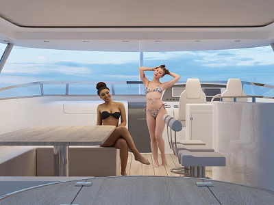Luxury Yacht Deck With Women In Bikini Outdoor Table Chairs Ocean View And Sky 3d model