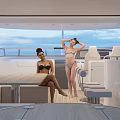 Luxury Yacht Deck With Women In Bikini Outdoor Table Chairs Ocean View And Sky