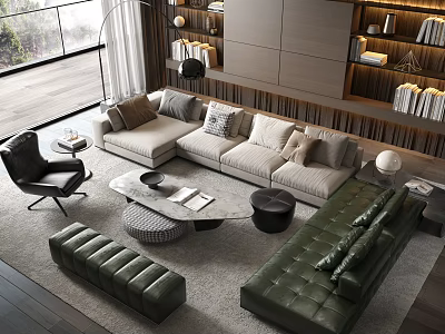 Modern Living Room Sofa And Coffee Table Set With Throw Pillows Ottoman And Area Rug 3d model