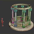 Circular Stone Garden Pavilion With Columns Ivy And Red Figure Model