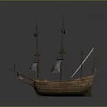 Ancient Wooden Sailing Ship with Multiple Masts and White Sails as Water Transport