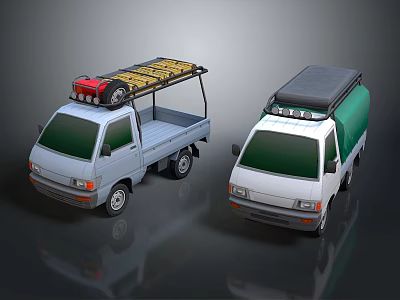 Two Small White Trucks Featuring Yellow Roof Rack Red Equipment And Green Staff Label 3d model