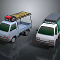 Two Small White Trucks Featuring Yellow Roof Rack Red Equipment And Green Staff Label
