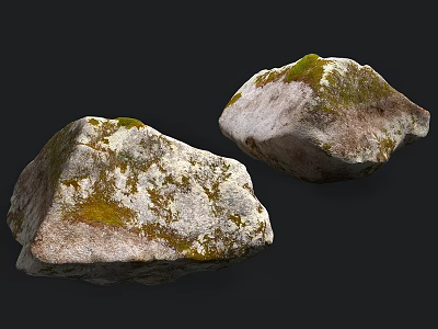 Natural Stone And Wood Decorative Elements With Mossy Textured Surfaces 3d model