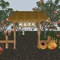 Peach Orchard Garden Landscape With Thatched Gateway Peach Trees Stone Path And Baskets