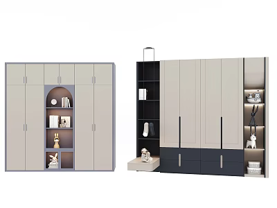 Modern Wardrobe Design Featuring Gray Beige Tones Open Shelves Cabinets and Storage Drawers 3d model