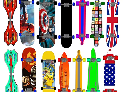 Sports Equipment Skateboards Featuring Colorful Designs Various Patterns And Character Prints 3d model
