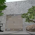 Garden Ornament Featuring Gray Stone Wall Glass Display Wooden Interior Pine Tree And Large Stone