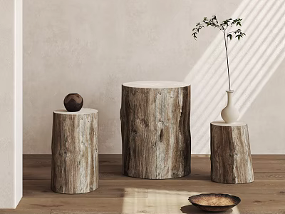 Natural Wooden Tree Stump Side Tables With Decorative Vase And Bowl In Modern Living Room 3d model