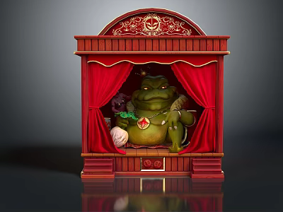 Green Frog Puppet On Red Curtain Stage With Decorative Wooden Theater Frame 3d model