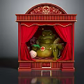 Green Frog Puppet On Red Curtain Stage With Decorative Wooden Theater Frame