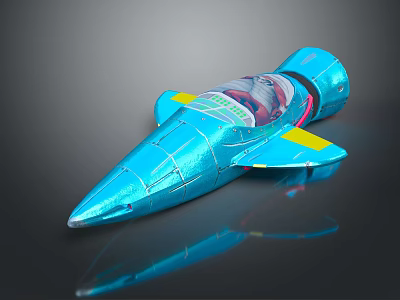 Blue Toy Rocket With Yellow Wings Transparent Cockpit And Shiny Surface 3d model