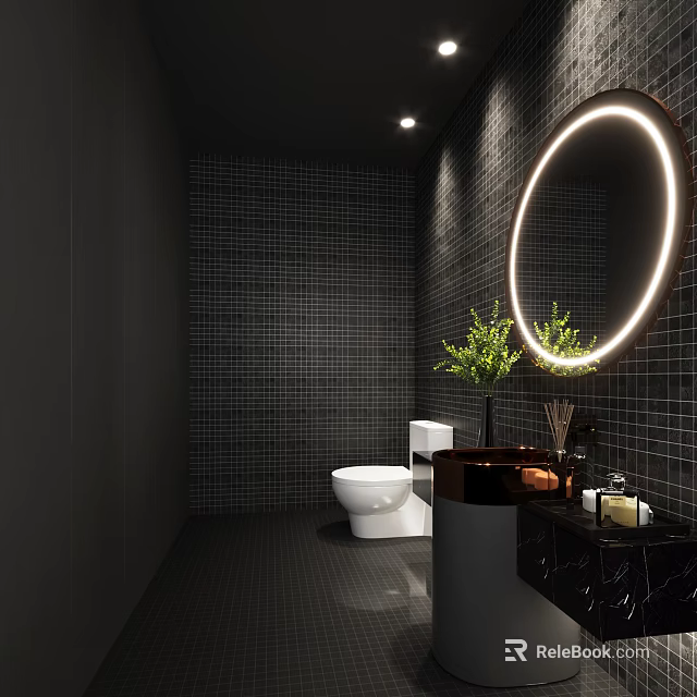 Public Restroom Interior With Black Tiled Walls Round Illuminated Mirror White Toilet And Green Plant 3d model 