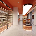 Sweet Dessert Shop With Glass Display Case Pastries Orange Walls And Bright Lighting