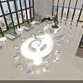 Modern Café Interior With Large Windows City View Green Plants Circular Bar And High Stools