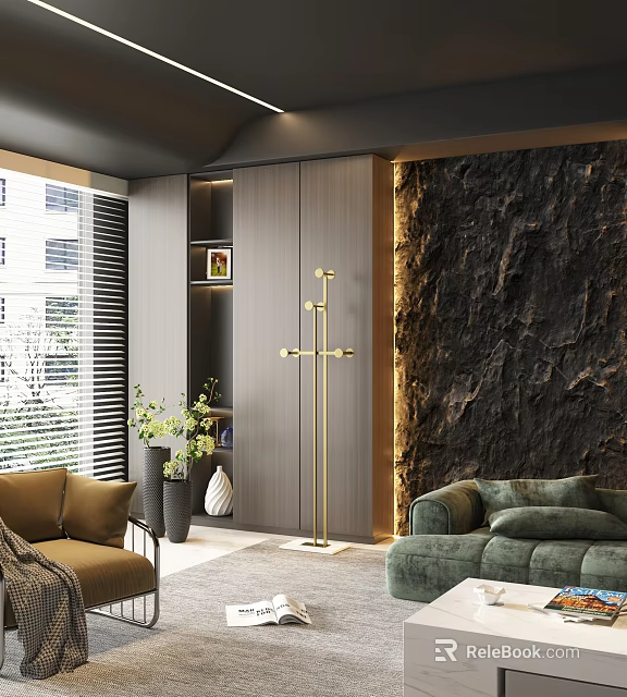 Elegant Modern Gold Coat Rack In Living Room With Stone Wall And Green Plants 3d model 