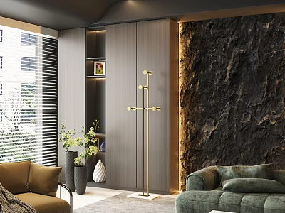 Elegant Modern Gold Coat Rack In Living Room With Stone Wall And Green Plants 3d model