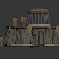 Rusty Metal Cage Structure With Mossy Surface Open Door And Curved Wooden Frame