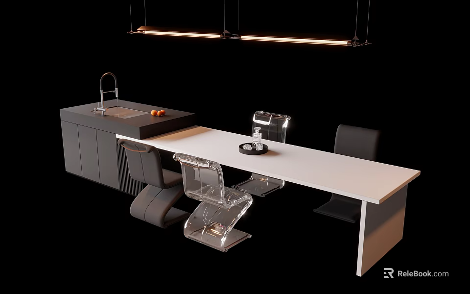 Modern Dining Table Set With White Countertop Transparent Chairs And Hanging Lights 3d model