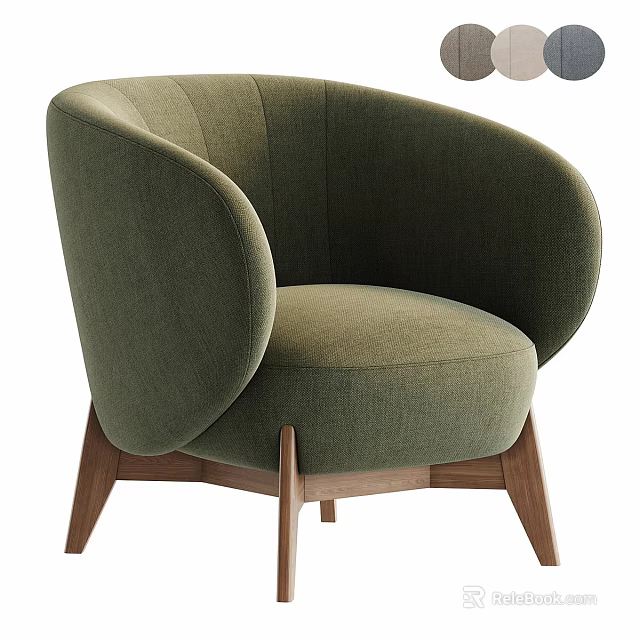 Modern Minimalist Olive Green Upholstered Accent Chair With Curved Backrest And Wooden Legs 3d model 