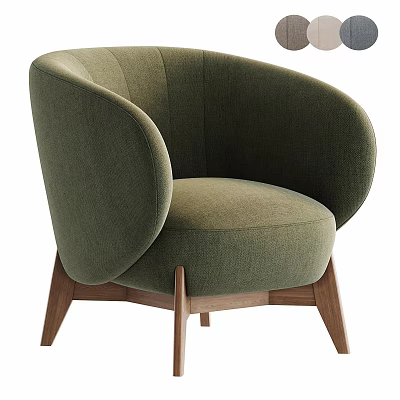 Modern Minimalist Olive Green Upholstered Accent Chair With Curved Backrest And Wooden Legs 3d model