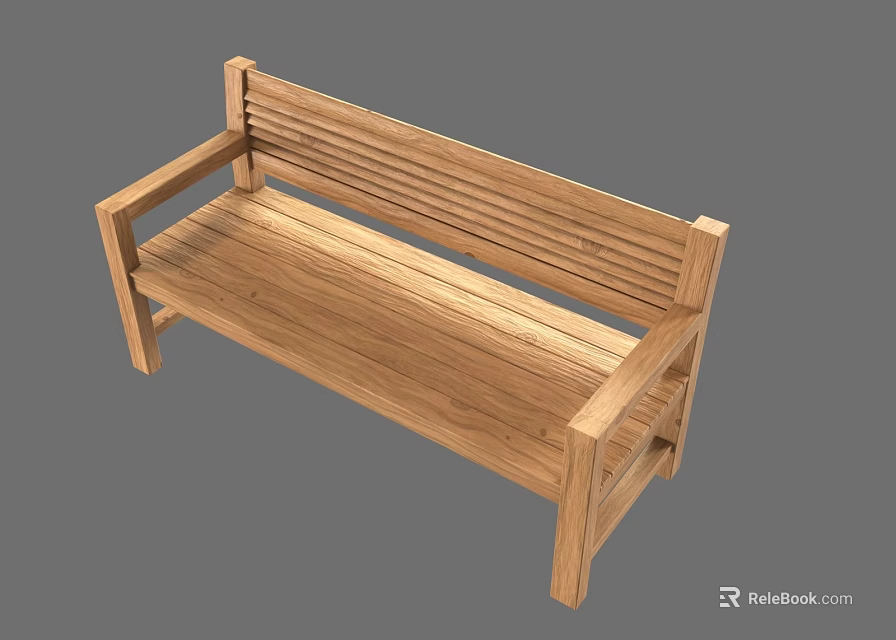Solid Wood Outdoor Bench with Slatted Backrest and Armrests for Garden Patio 3d model 