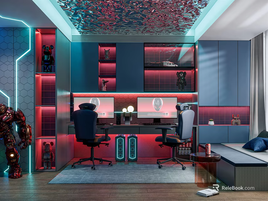 Modern Entertainment Room With Dual Monitors Gaming Chairs And Iron Man 3d model 