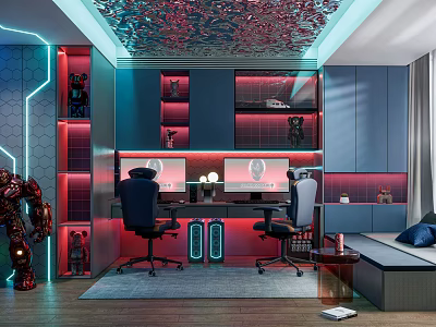 Modern Entertainment Room With Dual Monitors Gaming Chairs And Iron Man 3d model