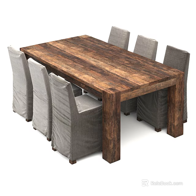 Rustic Solid Wooden Dining Table Set With Six Gray Fabric Chairs 3d model 