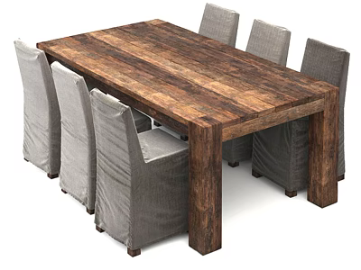Rustic Solid Wooden Dining Table Set With Six Gray Fabric Chairs 3d model