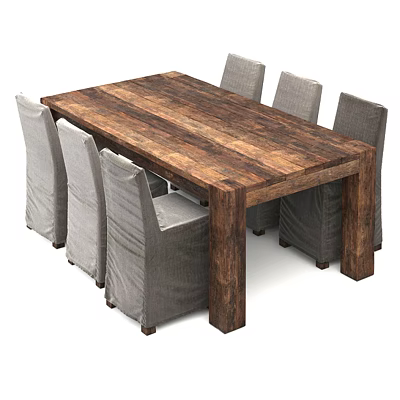 Rustic Solid Wooden Dining Table Set With Six Gray Fabric Chairs 3d model