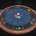 Round Roulette Game Table With Blue Tabletop Wooden Edge And Blue Cushioned Wheeled Chairs
