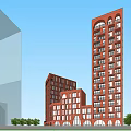 Modern Multi Story Office Building with Red Brick Arched Windows in Urban Setting and Trees