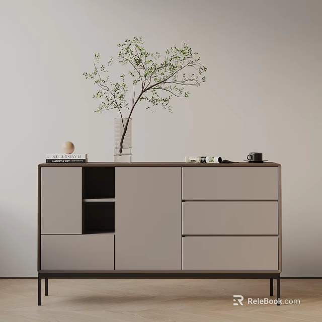 Modern Entryway Console Cabinet with Vase Green Plant Books Decorative Items and Drawers 3d model 