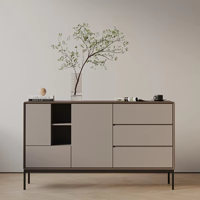 Modern Entryway Console Cabinet with Vase Green Plant Books Decorative Items and Drawers 3d model