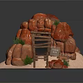 Scenic Desert Landscape Featuring Red Rocks Wooden Mine Entrance Rail Tracks And Sandy Ground