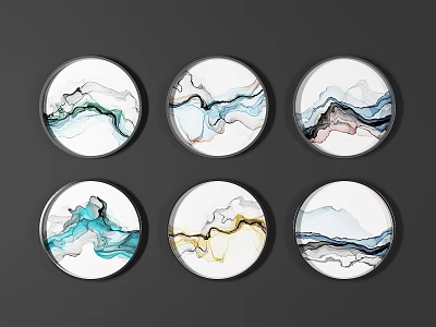 Six Abstract Ink Style Round Framed Paintings With Blue Black Yellow Patterns On Gray Background 3d model