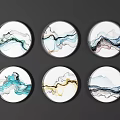 Six Abstract Ink Style Round Framed Paintings With Blue Black Yellow Patterns On Gray Background