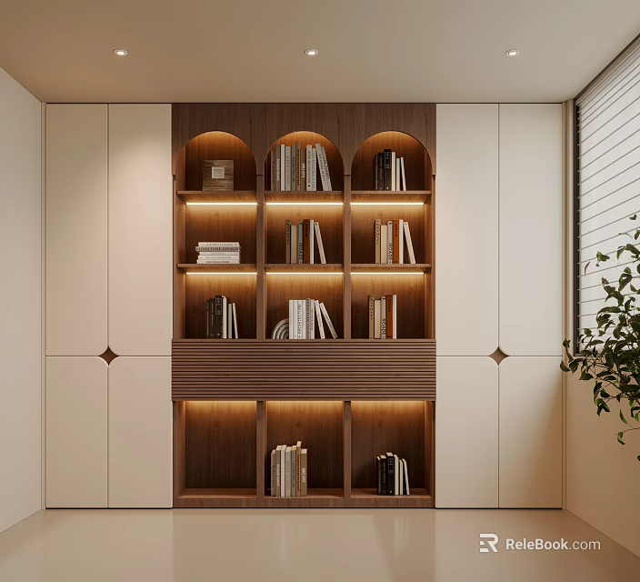 Modern Built In Wooden Bookcase With Soft Ambient Lighting And Elegant Arched Display Shelves 3d model 
