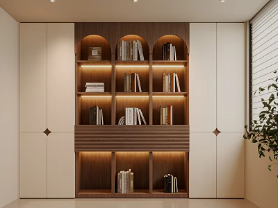 Modern Built In Wooden Bookcase With Soft Ambient Lighting And Elegant Arched Display Shelves 3d model