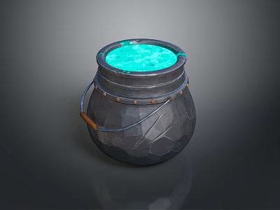 Durable Metal Cauldron with Blue Liquid Inside and Brown Handle for Kitchen Use 3d model